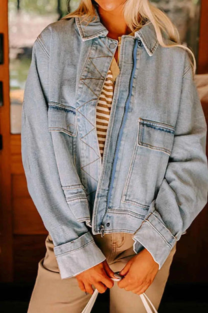 Zip Up Drop Shoulder Denim Jacket