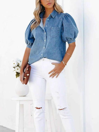 Puff Sleeve Button-Down Denim Top
