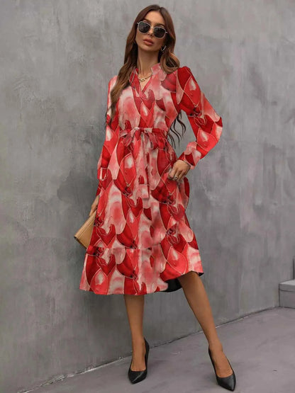 Notched Tie Waist Long Sleeve Dress