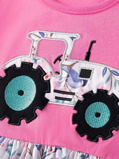 Children's Tractor Graphic Ruffle Sleeve Dress