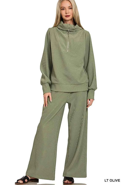 Zenana Ribbed High Neck Half Zip Pullover & Pants Set
