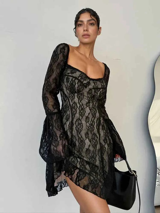 Lace Sweetheart Neck Flare Sleeve Mini Dress