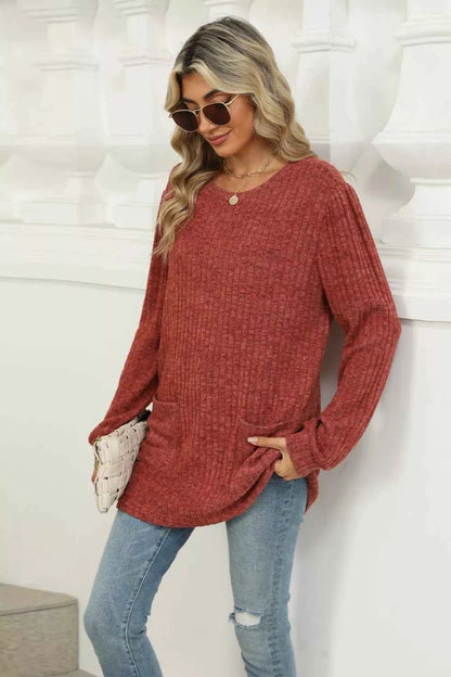 Long Sleeve Ribbed Knit Top with Front Pockets