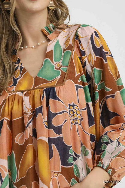 Umgee Multicolor Abstract Floral Print Blouse with Ruffle Neck