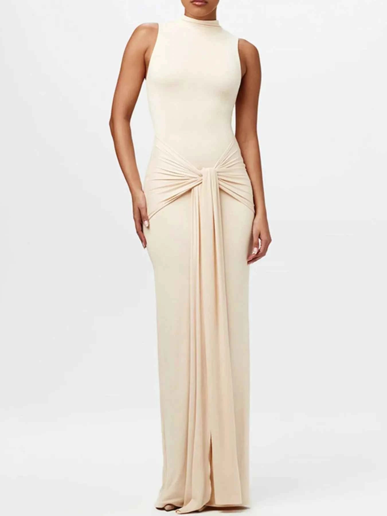 Sleeveless Mock Neck Knot Front Maxi Dress