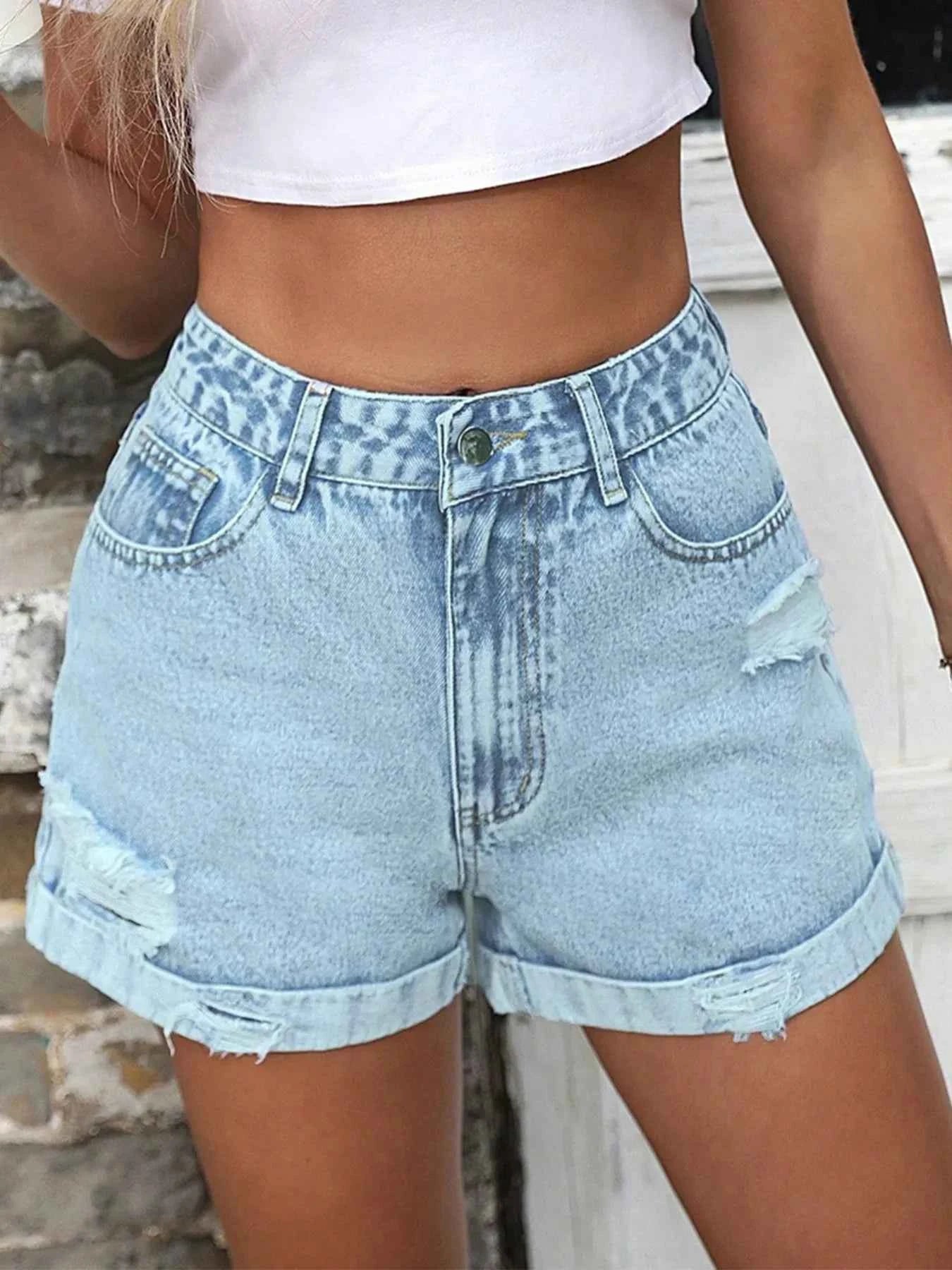 High-Waisted Distressed Denim Shorts