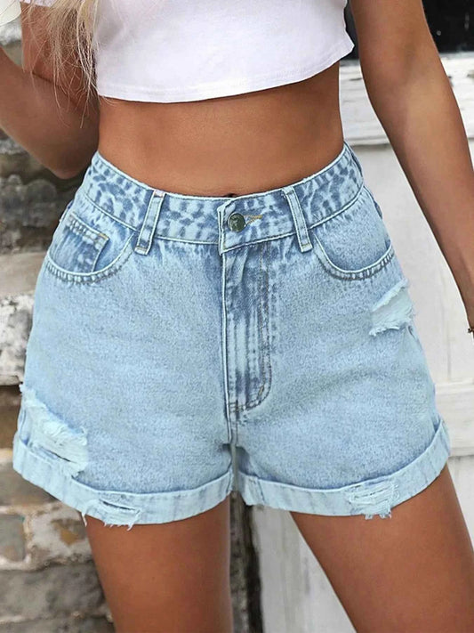 High-Waisted Distressed Denim Shorts