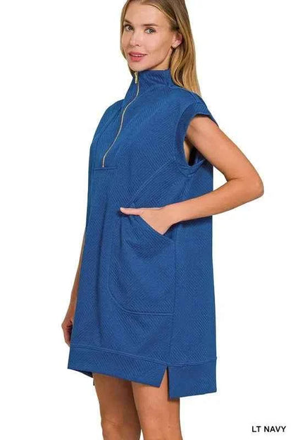 Zenana Textured Knit Jacquard Quarter Zipper Mini Dress