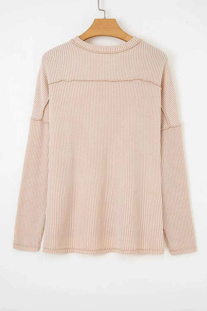 Sequin Christmas Tree Exposed Seam Drop Shoulder Ribbed Long Sleeve Top