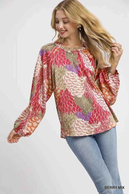 Umgee Boho Feather Print Peasant Blouse
