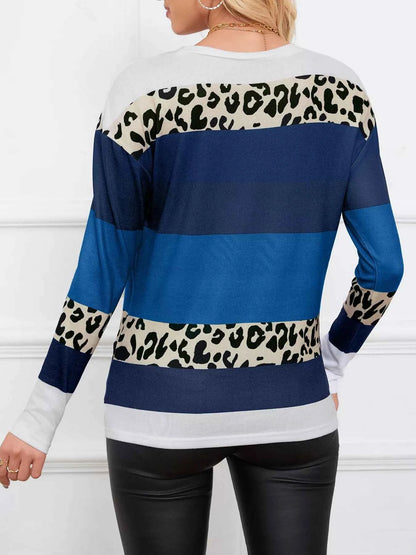 Leopard Color Block Striped Knit Top
