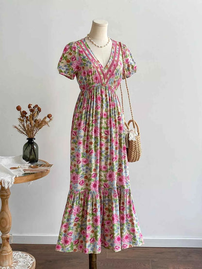 Floral Print V-Neck Puff Sleeve Dress