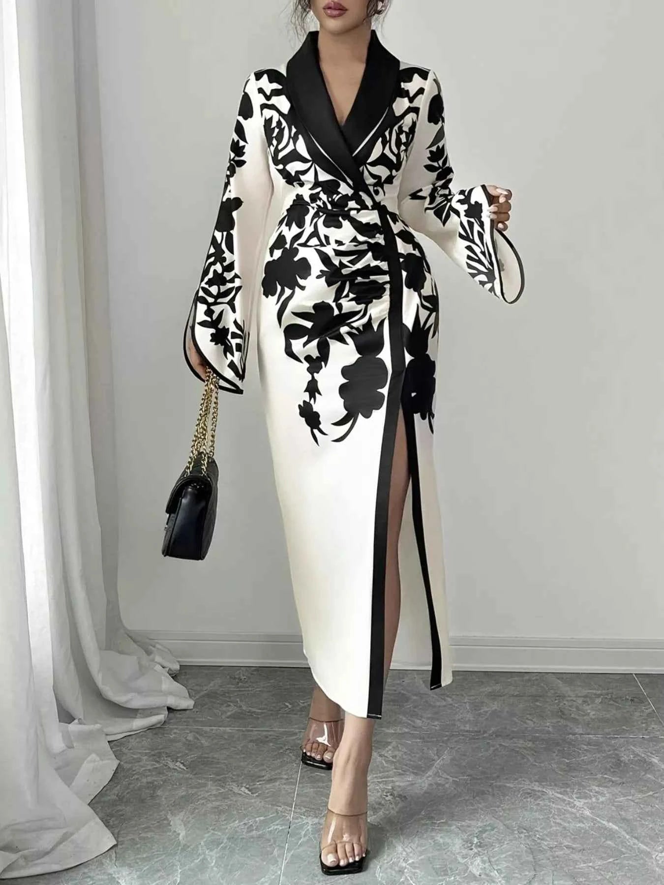 Slit Long Sleeve Wrap Midi Dress