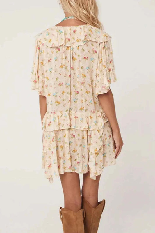 Boho Floral Tassel Tie V Neck Ruffle Wide Sleeve Mini Dress