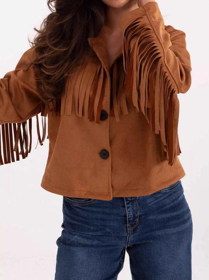 Fringe Button Up Suede Jacket