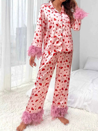 Heart Print Button Up Top and Pants Lounge Set