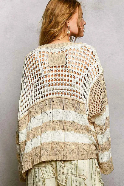 POL Color-Blocked Stripe Pattern Knit Top with Twisted Weave