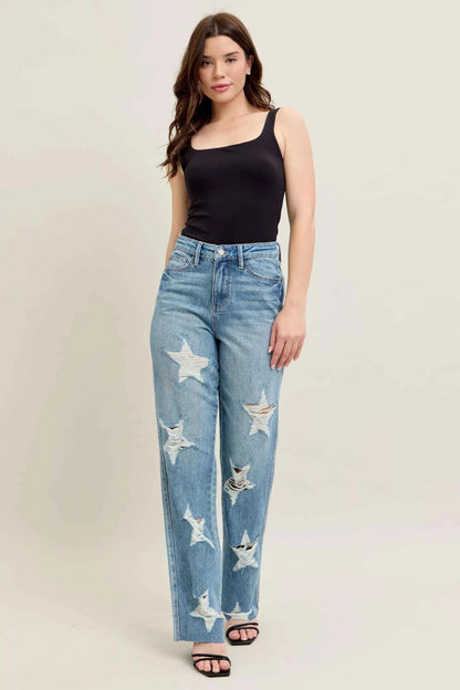 Judy Blue Full Size High Waist  Rigid Magic Star Shaped Destroy 90's Straight Jeans Plus Size