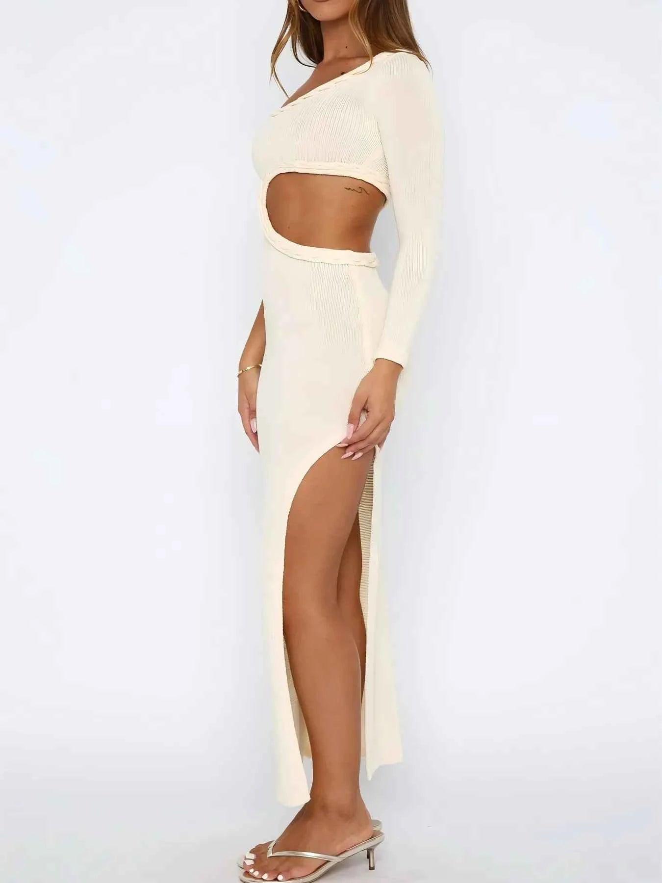 Cutout Slit One Shoulder Long Sleeve Sweater Dress