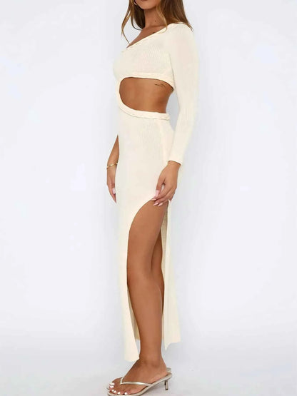 Cutout Slit One Shoulder Long Sleeve Sweater Dress