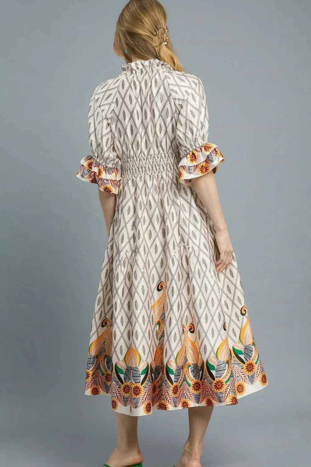 Umgee Printed Smocked Waist Flounce Sleeve Midi Dress