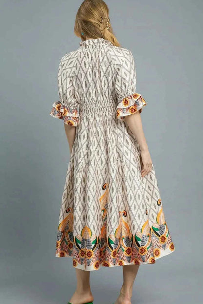 Umgee Printed Smocked Waist Flounce Sleeve Midi Dress