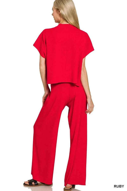Zenana Viscose Sweater Short Sleeve Top and Pants Set