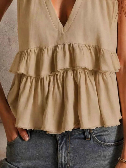 Ruffled V-Neck Sleeveless Top