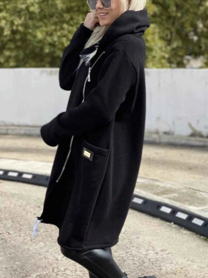 Full Size Asymmetrical Zip-Up Hooded Fleece Outerwear Plus Size