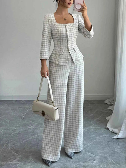 Plaid Square Neck Button Up Top and Pants Set