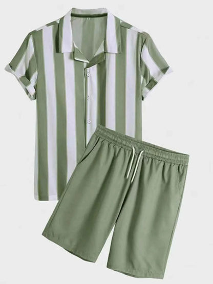 Men's Full Size Striped Casual Shirt and Shorts Set Plus Size