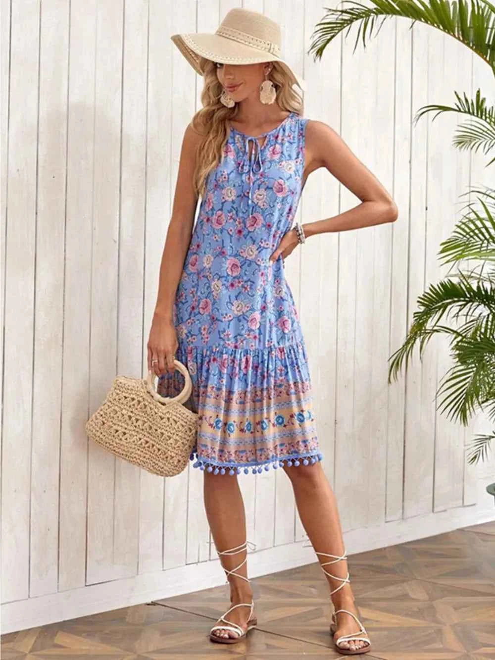 Tie Neck Sleeveless Floral Dress
