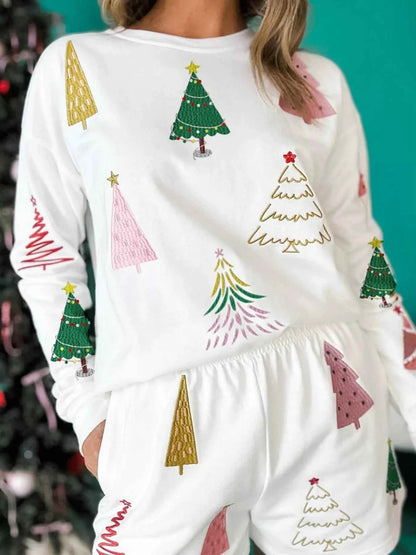 Christmas Tree Round Neck Top and Shorts Set