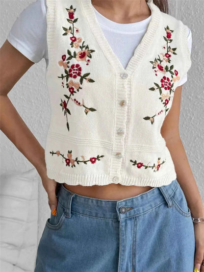 Embroidered Button Up Sweater Vest