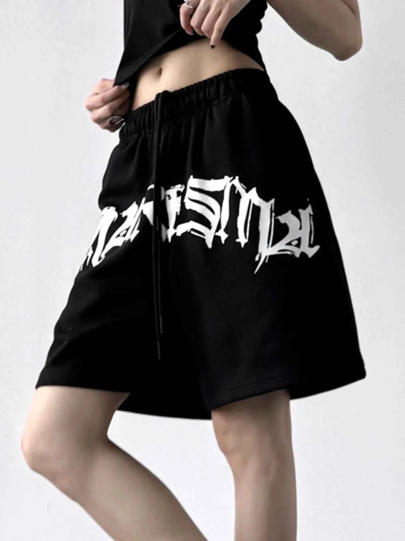 Oversized Drawstring Letter Shorts