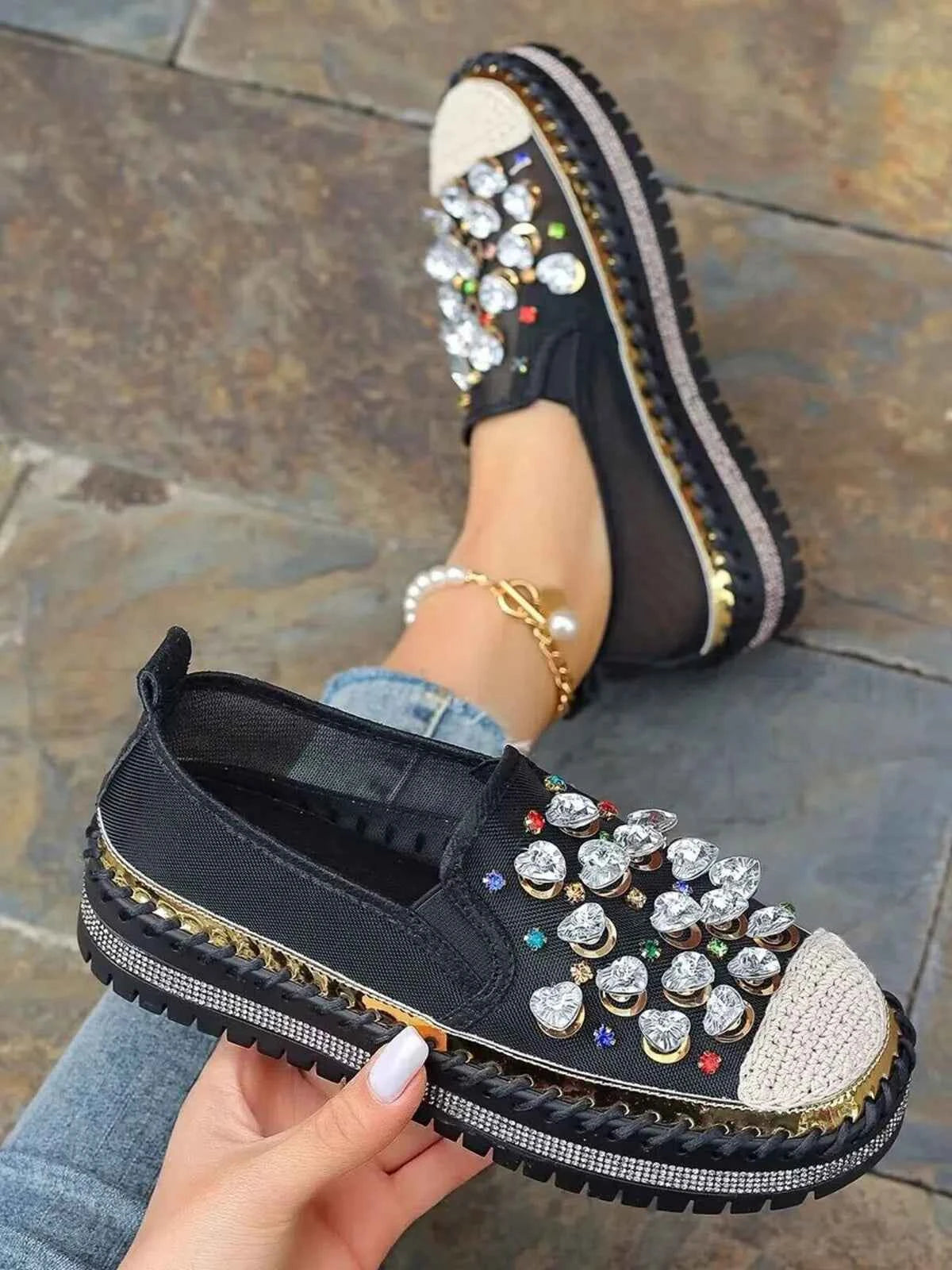 Rhinestone Decor Platform Loafers