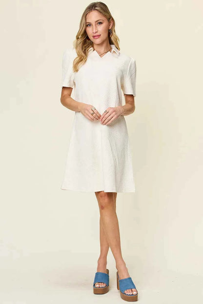 Double Take Full Size Texture Collared Neck Short Sleeve Dress