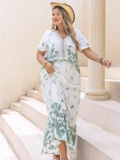 Plus Size Printed Lace Detail Short Sleeve Top and Skirt Set