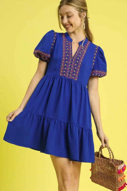 Umgee Floral Trim Puff Sleeve Mini Dress