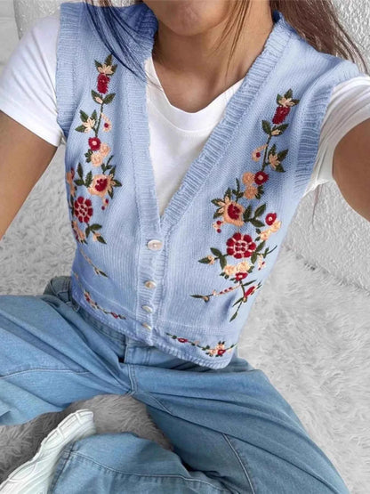 Embroidered Button Up Sweater Vest