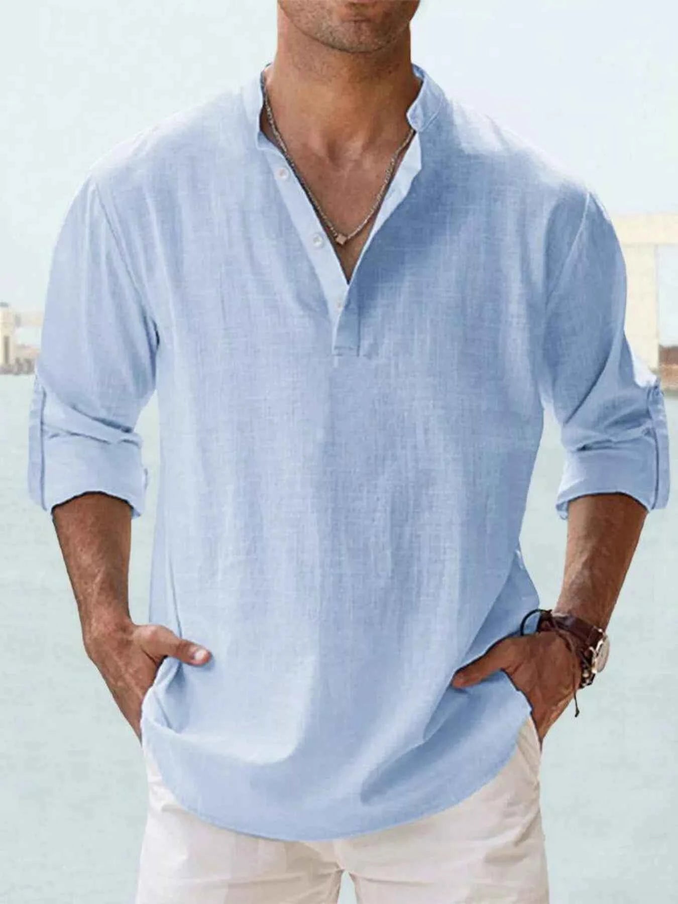 Men's Full Size Casual Button Detail Roll-Up Sleeve Blouse Plus Size