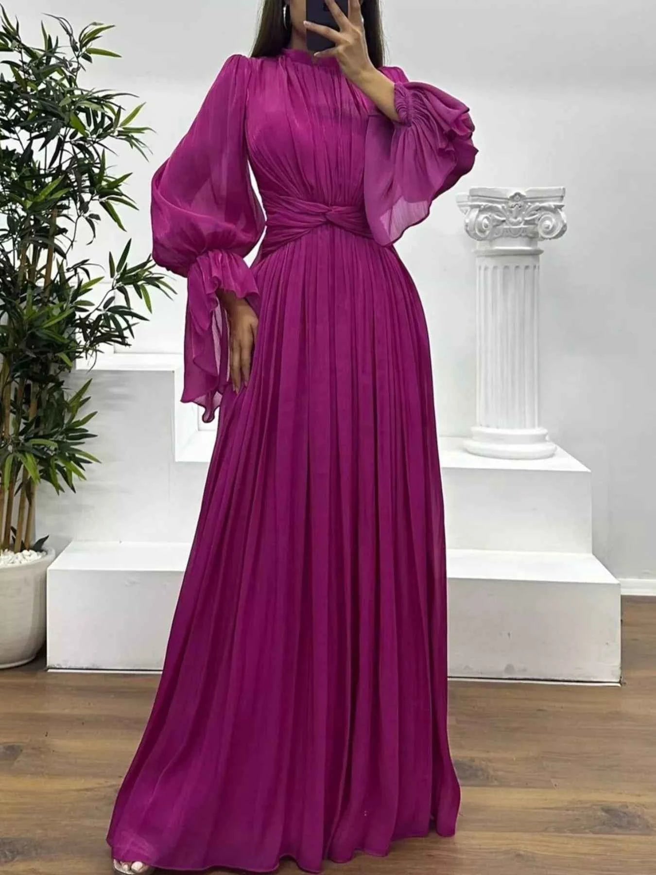 Pleated Mock Neck Long Sleeve Maxi Dress