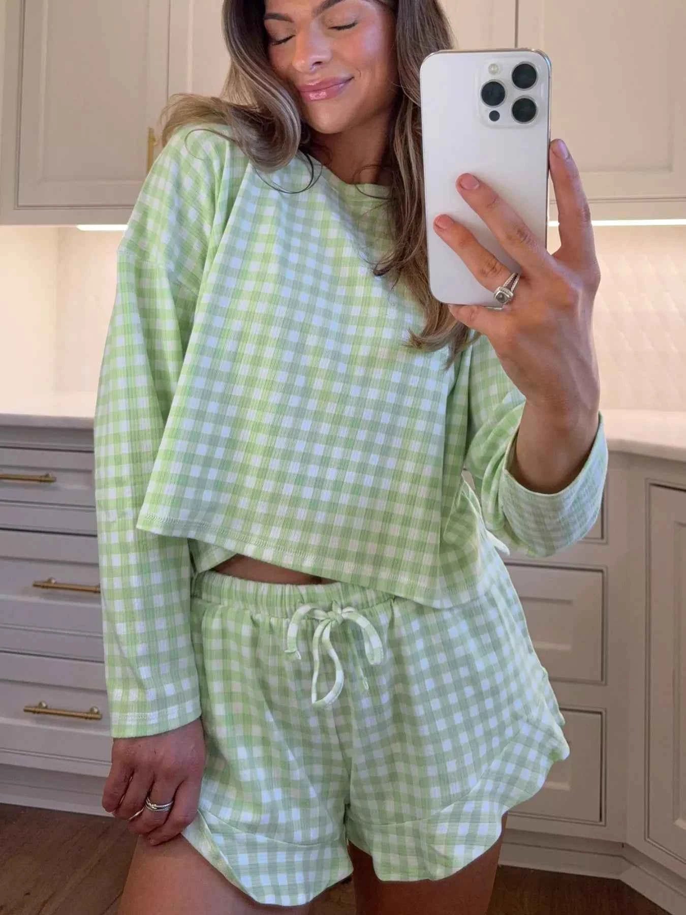 Gingham Print Round Neck Top and Shorts Set