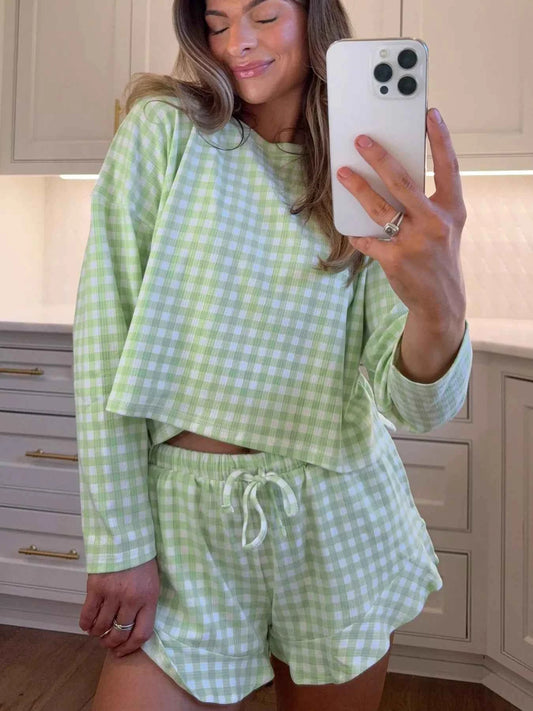 Gingham Print Round Neck Top and Shorts Set