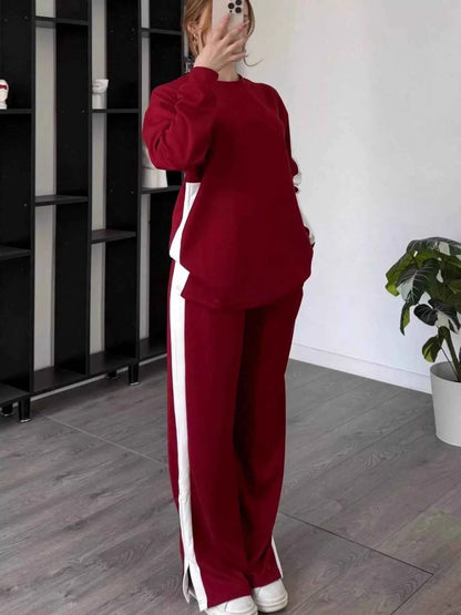 Full Size Contrast Round Neck Top and Pants Set Plus Size