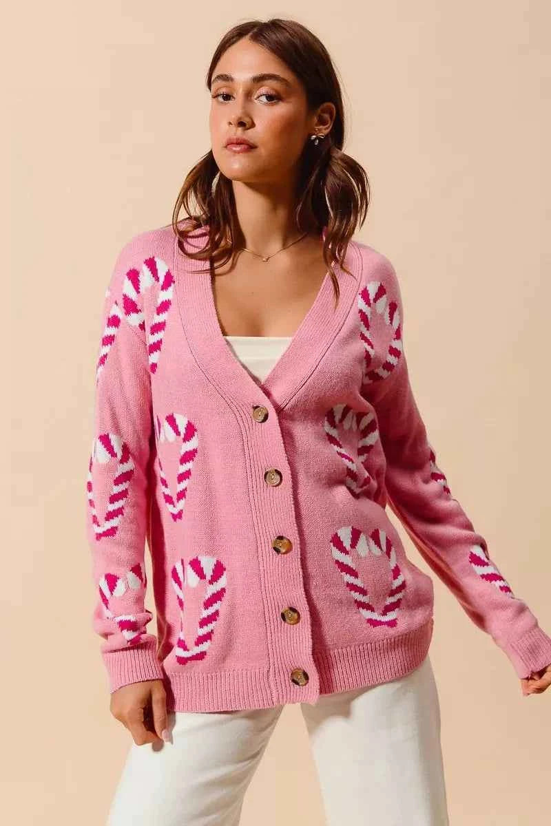 SO ME Christmas Candy Cane Button Front Sweater Cardigan