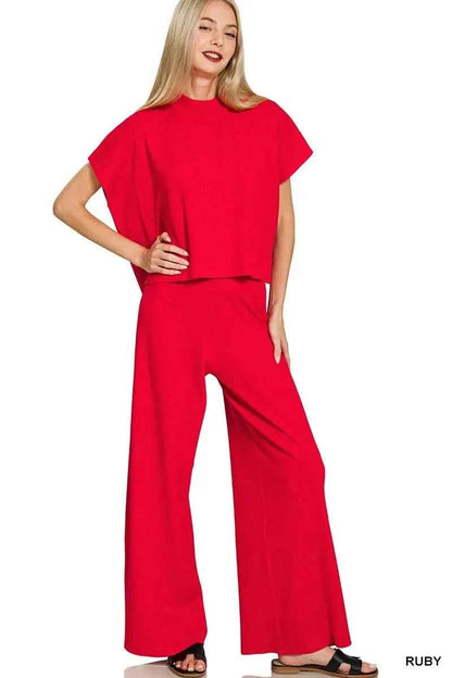 Zenana Viscose Sweater Short Sleeve Top and Pants Set