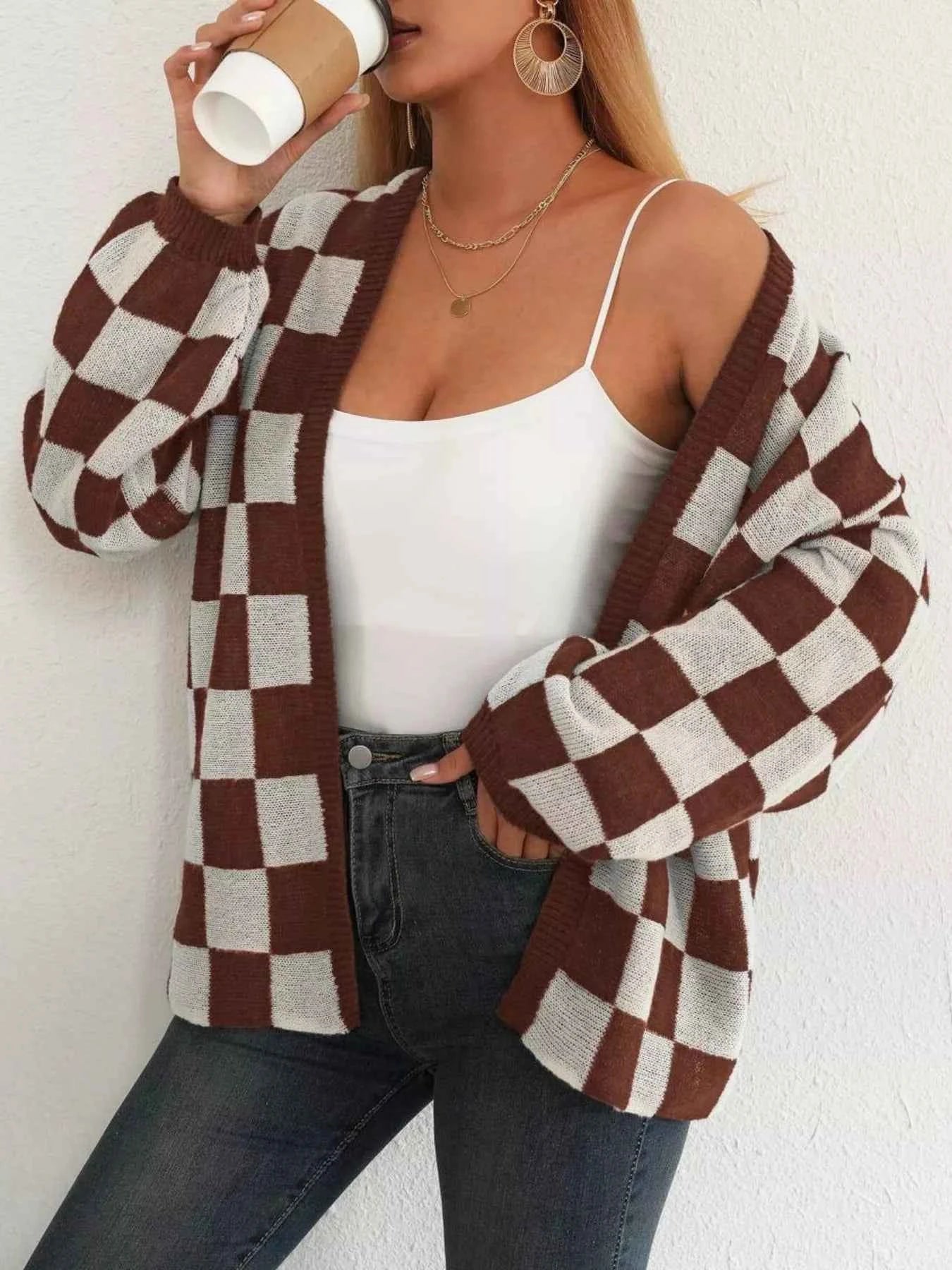 Checkerboard Pattern Open Front Knit Cardigan