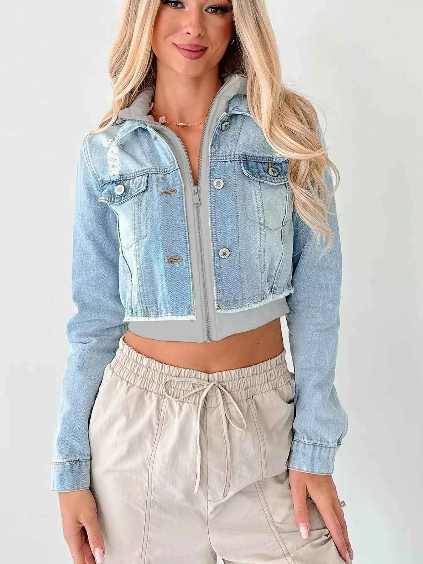Distressed Zip Up Cropped Hooded Denim Jacket