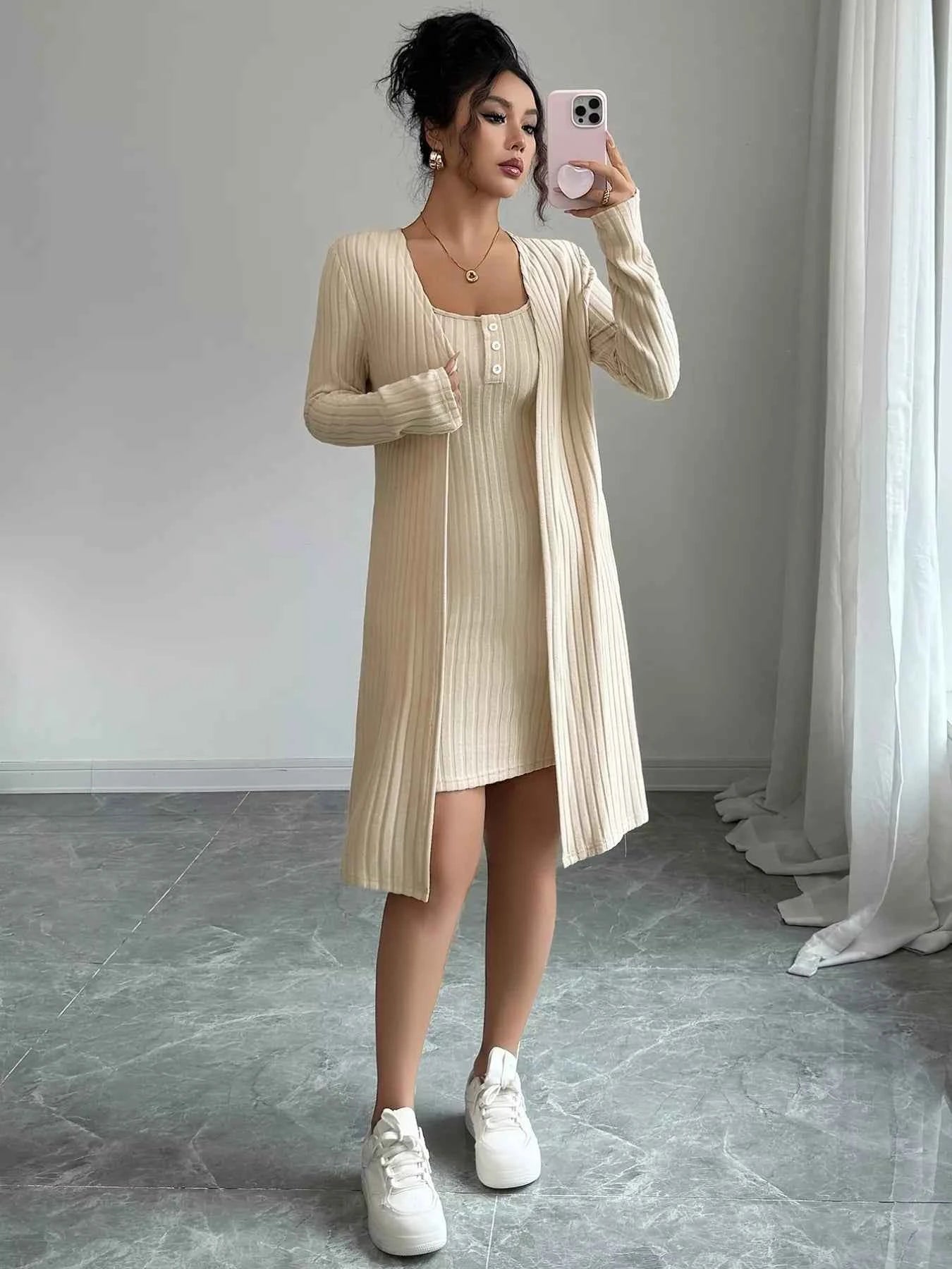 Ribbed Knit Cardigan & Dress Sweater Set